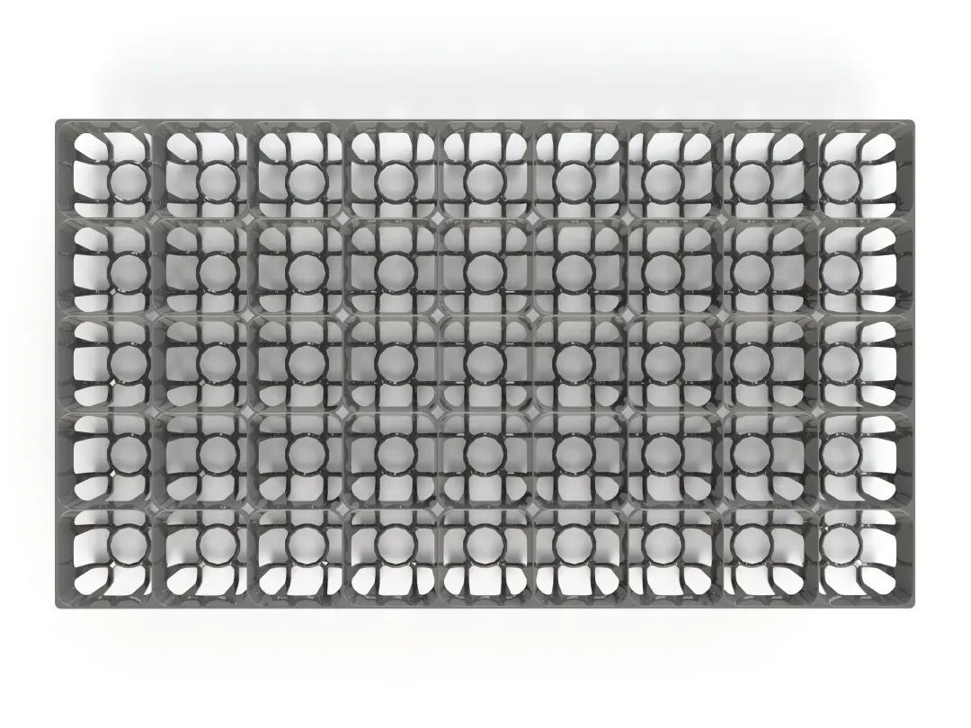 A rectangular plastic grid with circular compartments is viewed from above, designed to hold items securely. It is set against a plain white background.