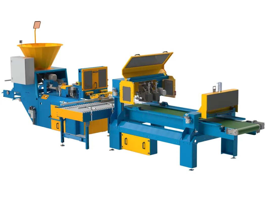 A blue and yellow industrial machine processes materials, featuring conveyor belts, hoppers, and control panels, all designed for automated manufacturing in a factory setting.