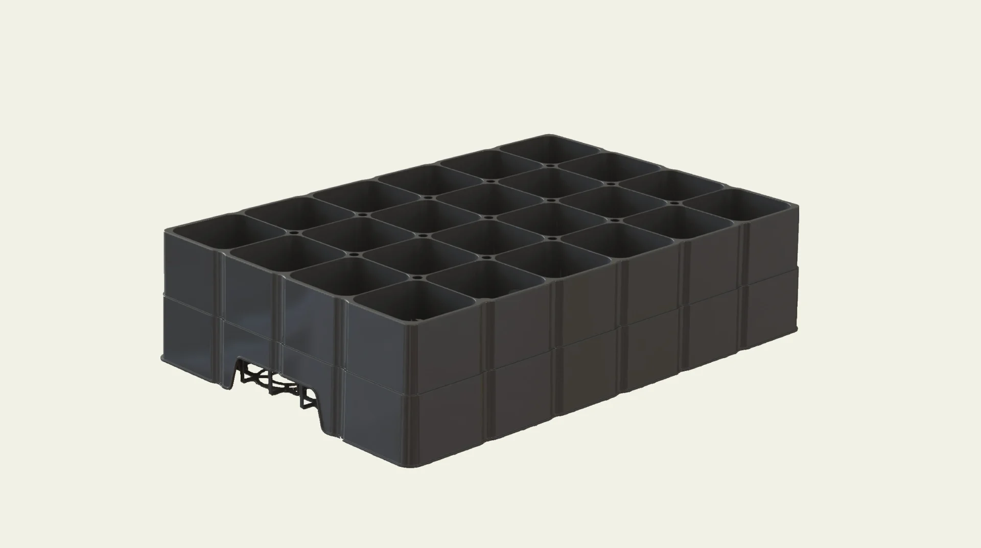 A rectangular black plastic tray features a grid of 20 square compartments, designed for holding small items, placed on a plain, light-colored background.