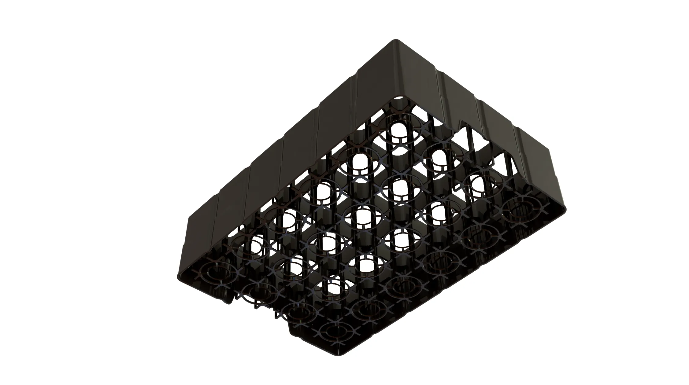 A black plastic tray with multiple ridged circular compartments is seen from below against a transparent background. The tray appears designed for holding small items securely.