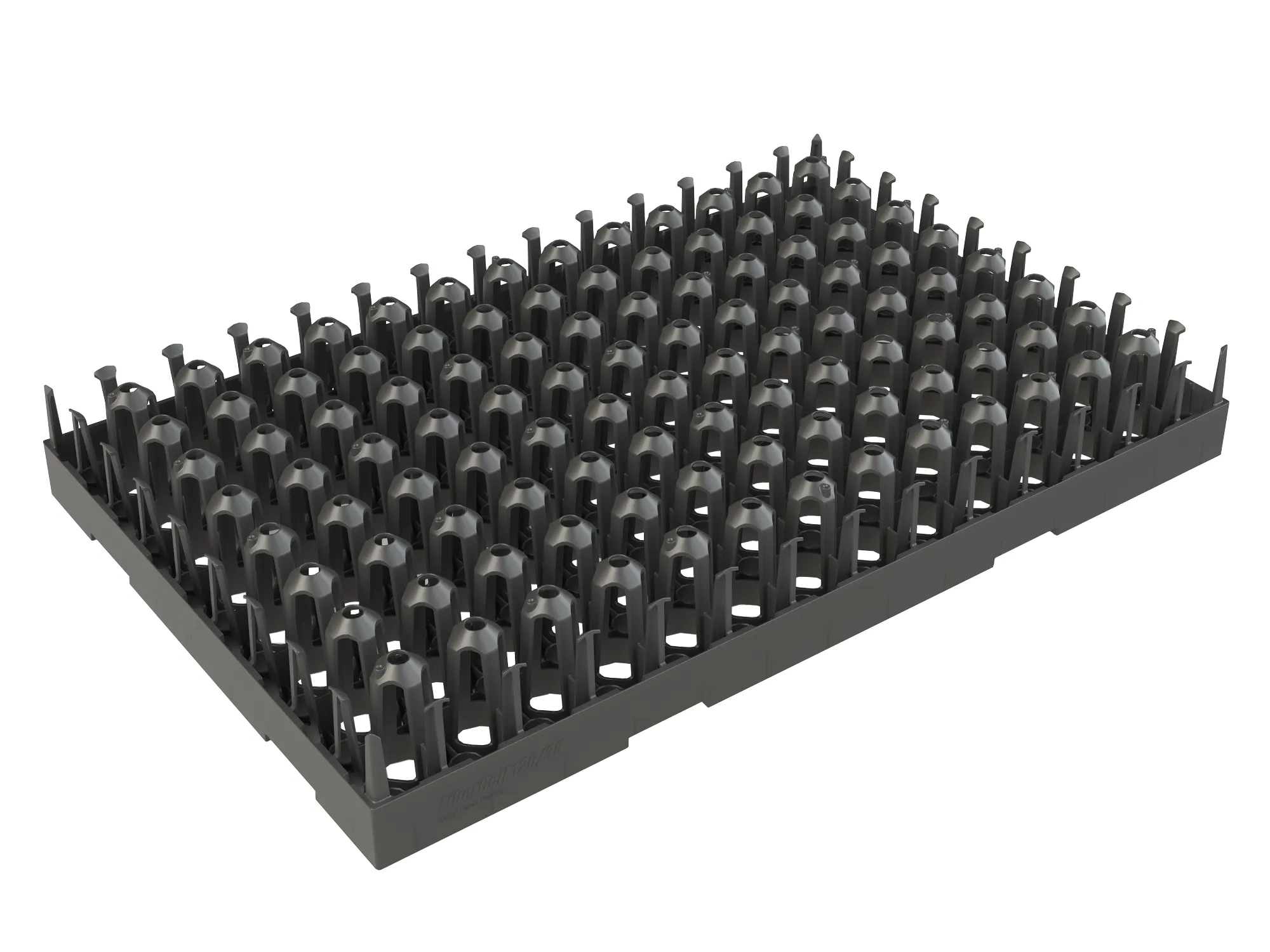 A black plastic tray features a grid of cylindrical cones with open tops, arranged neatly for drainage or airflow. It rests on a flat white background.
