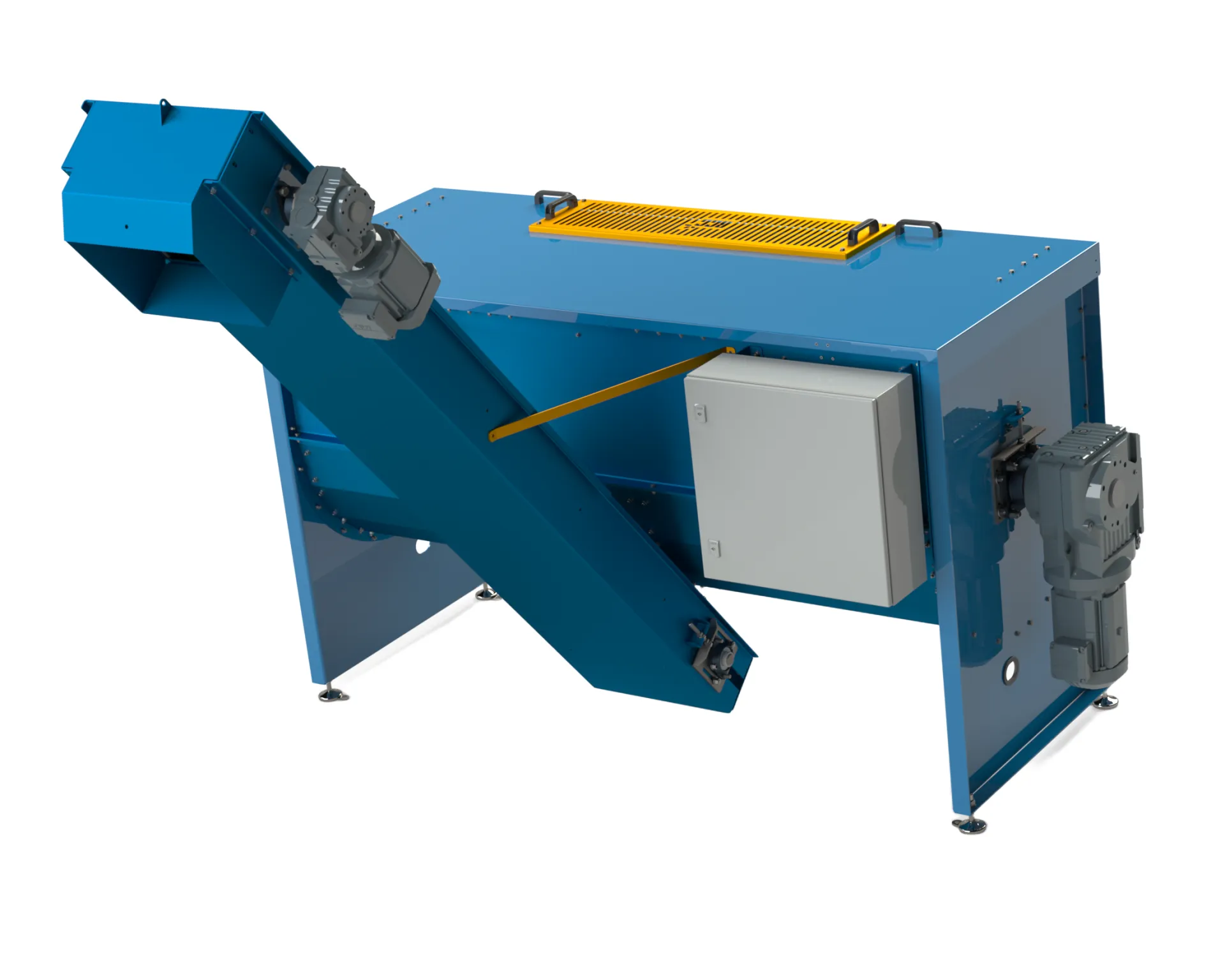 A blue industrial machine with conveyor-like components and motors on each side stands on a flat surface. A control box is mounted on the side, with metal grates on top.