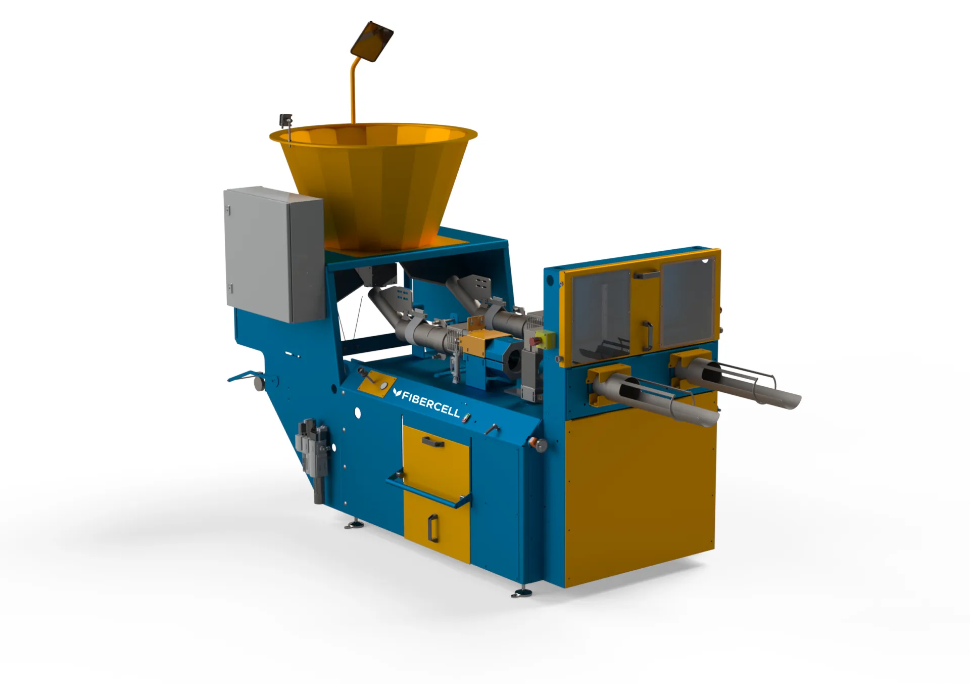A blue and yellow industrial machine with a large funnel on top processes materials. It's labeled “FIBERCELL” and set against a plain backdrop.