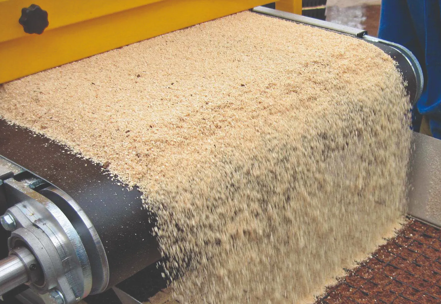 Wood shavings cascade off a large black conveyor belt, surrounded by industrial machinery, indicating a processing or manufacturing environment.